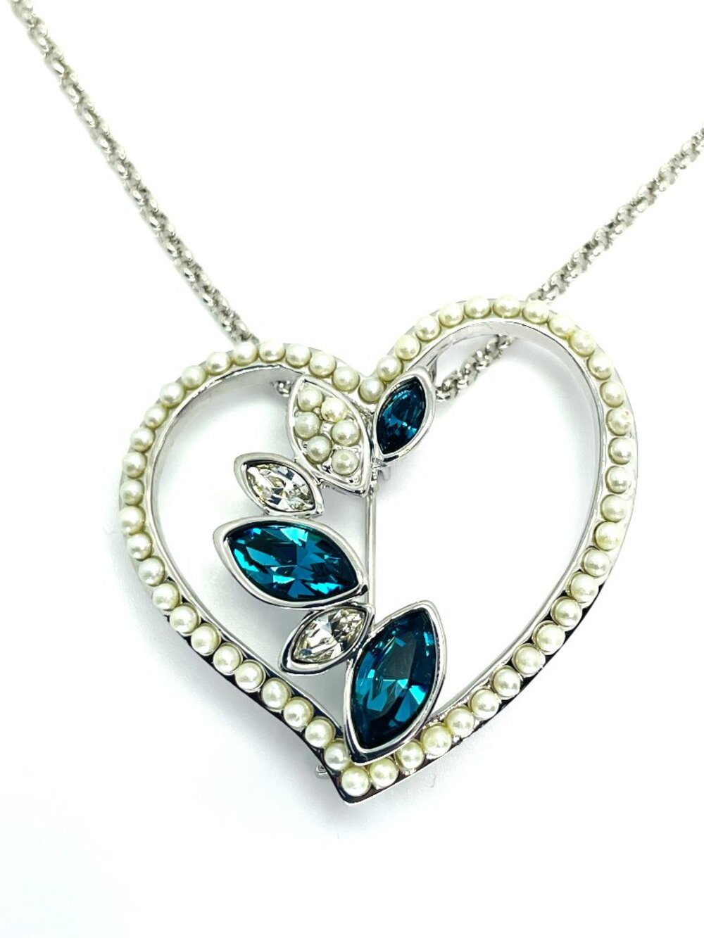 Heart 2-in-1 Brooch Clip-Pendant with Simulated Pearl and Austrian Crystals, 29"